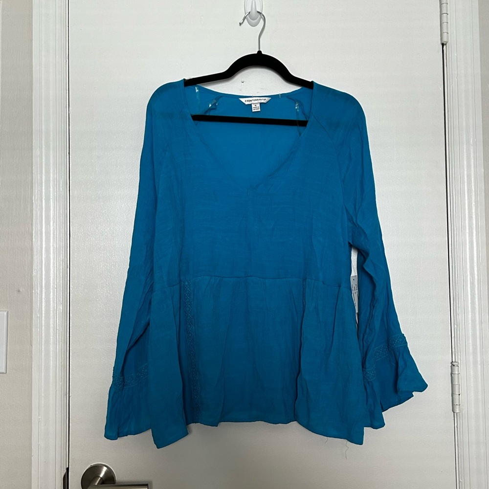 Blue V-Neck Peasant Blouse - Counterparts